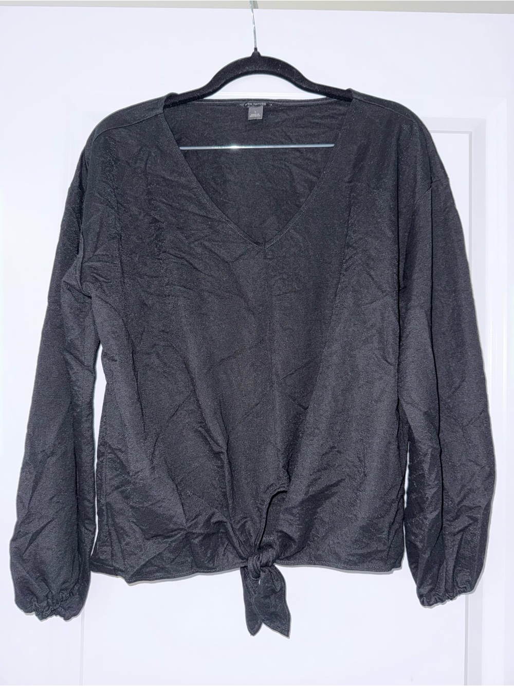 Ann Taylor Black Long Sleeve V-Neck Tie Front Blouse